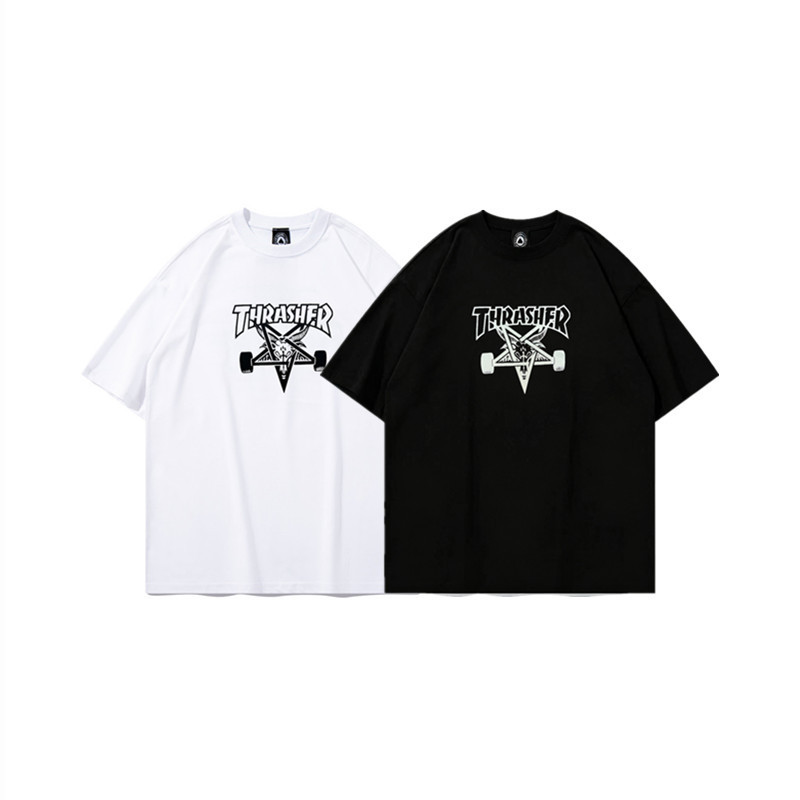 Thrasher Short-Sleeve T-Shirt with Horn Design, Unisex Casual American Style Trendy Brand, Loose Fit, Pure Cotton, Student Factory Direct Sale Thrasher Short-Sleeve T-Shirt with Horn Design, Unisex Casual American Style Trendy Brand, Loose Fit, Pure Cotton, Student Factory Direct Sale