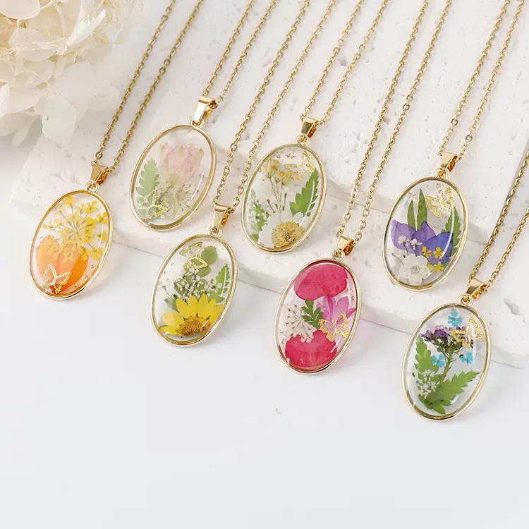 艾薇跨境新款复古干花毛衣链树脂饰品永生花轻奢吊坠真花干花项链