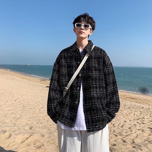 Men's Small Scandal Windbreaker Jacket with Design Sense, Unconventional, Gritty Style, Workwear Jacket for Spring and Autumn, Trendy, Ins Checkered Top Coat