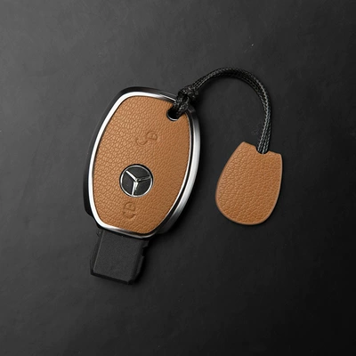 Leather, High-End Shell – Car key bag - mercedes-benz-c-class-2-button-key-fob-case-minimalist-cord-design-gold-brown