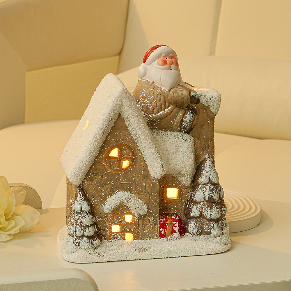 简约北欧美式家居装饰陶瓷工艺品发光led雪屋圣诞老人镂空小屋家