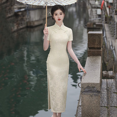 Lace eight-button new Chinese-style long-length modified cheongsam 2025 new young style women's retro slim-fit runway summer