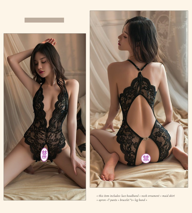 Women’s Lace One-Piece Lingerie with Mesh Panels and Backless Design, White with Foot Accessory, One Size — detail image 11