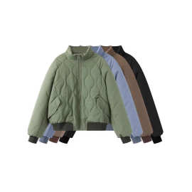 跨境批发2025秋冬新款菱形格棉衣秋冬立领棉服小个子短款棉衣外套