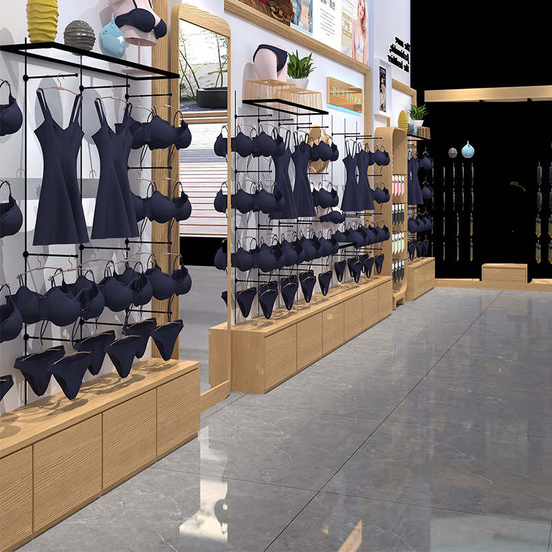 定作内衣展示柜店铺原木色烤漆柜子弧形文胸展柜服装睡衣货架展厅