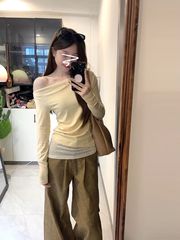 【260gレーヨンモーダル】レースステッチ長袖Tシャツレディースデザインスリムフィットトップイエローアメリカンスタイル