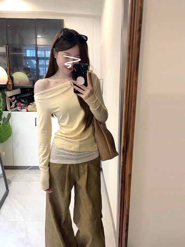 [260g Rayon Modal] Lace Splicing Long-Sleeved T-Shirt Women's Design Slim Top Yellow American Style