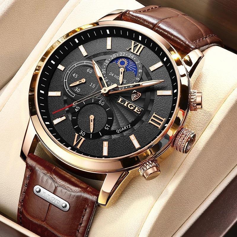 Lige/Lige 2021 New Quartz Watch Quartz Multi-Function Chronograph Waterproof Watch Leather Strap Silver Black Lige/Lige 2021 New Quartz Watch Quartz Multi-Function Chronograph Waterproof Watch Leather Strap Silver Black