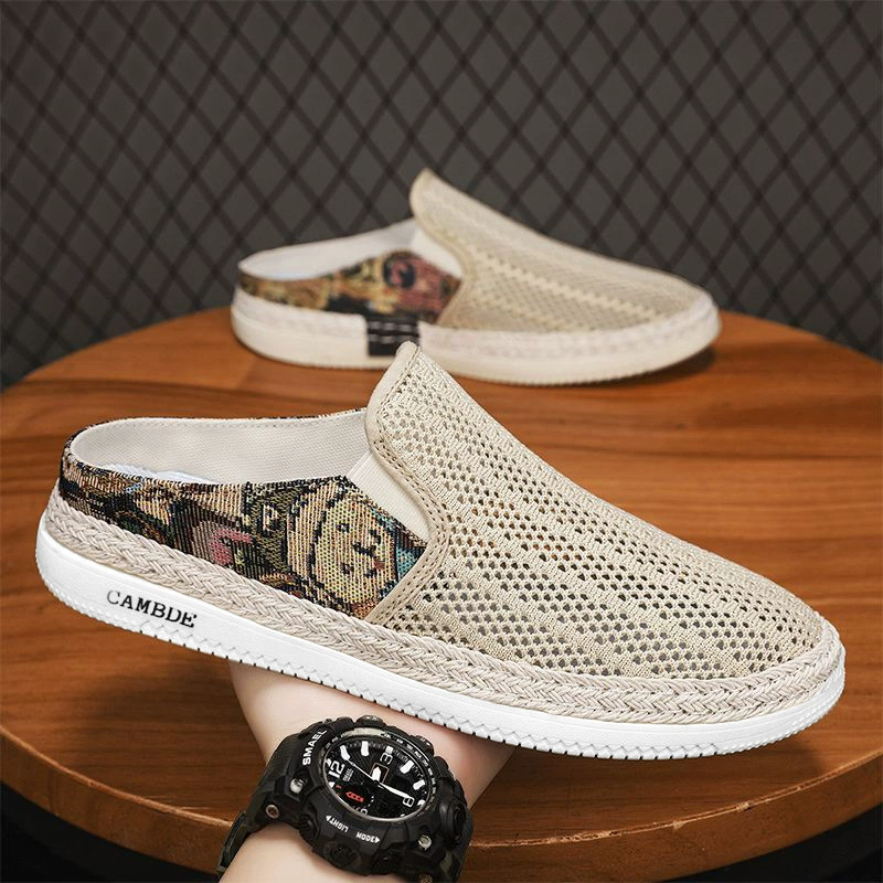 2025 новые летние мужские босоножки-полуботинки с сетчатой вставкой, дышащие, без каблука, мягкая подошва, легкие, повседневные