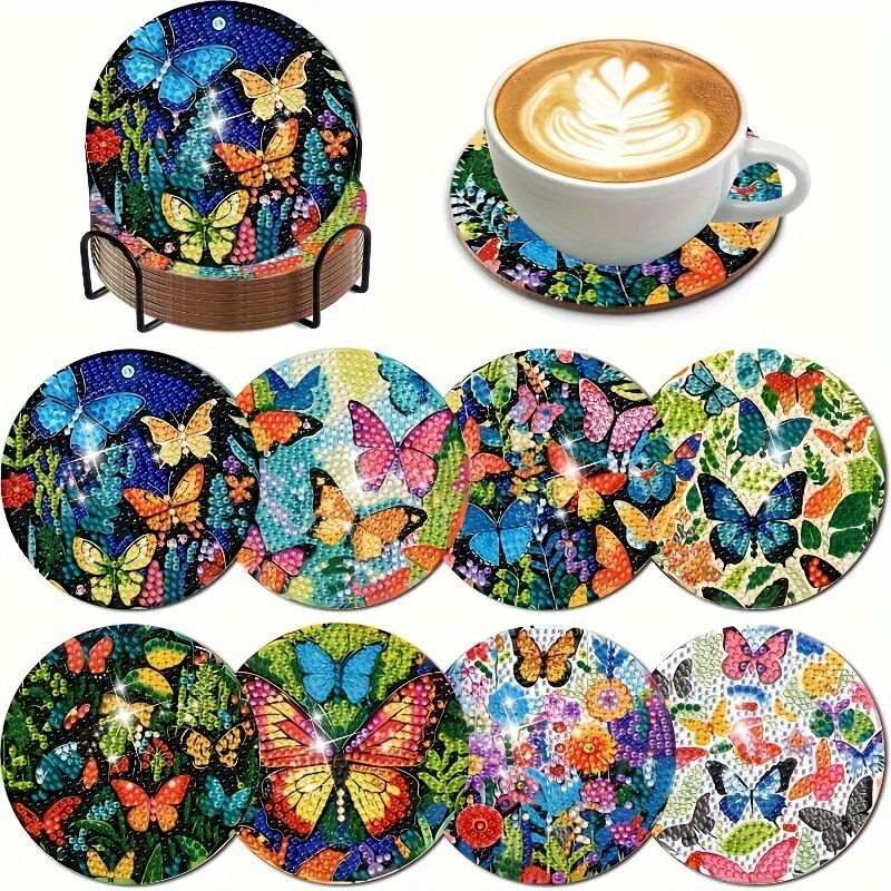 Ventas transfronterizas calientes de 8 piezas de conjunto de cojín de taza de arte de diamante, con soporte, pequeño conjunto de pintura de diamante, adecuado para adultos