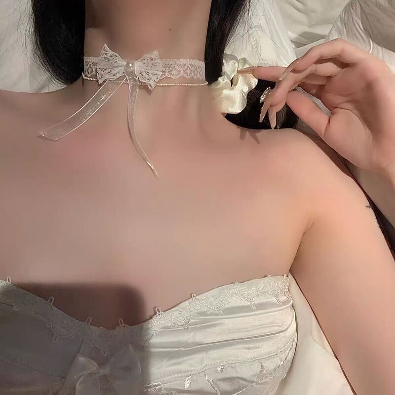 Bow White Lace Collar Women's Neck Strap choker Neck Accessories Neck Chain High-grade Abstinence Necklace Rope Bow White Lace Collar Women's Neck Strap choker Neck Accessories Neck Chain High-grade Abstinence Necklace Rope