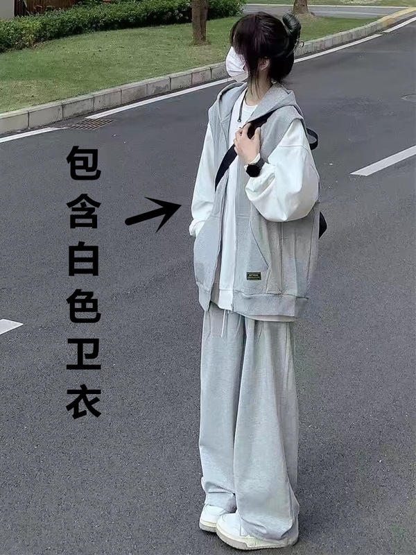 日系休闲运动服套装女春秋季学生宽松韩版时尚马甲卫衣卫裤两件套|undefined