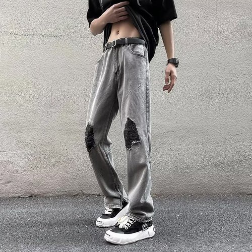 American vibe street cool, holey, slightly spicy, cat claw denim jeans for men, zipper cuffs, straight-leg long pants, trendy