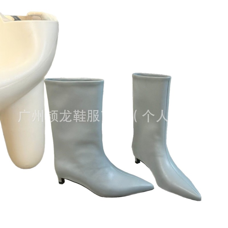 高端2025秋冬时髦真皮尖头复古猫跟显瘦中筒靴女宽筒时装单靴裸靴|undefined