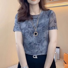 批发代发中年直播2025夏季新款时尚圆领网纱气质复古印花短袖T恤