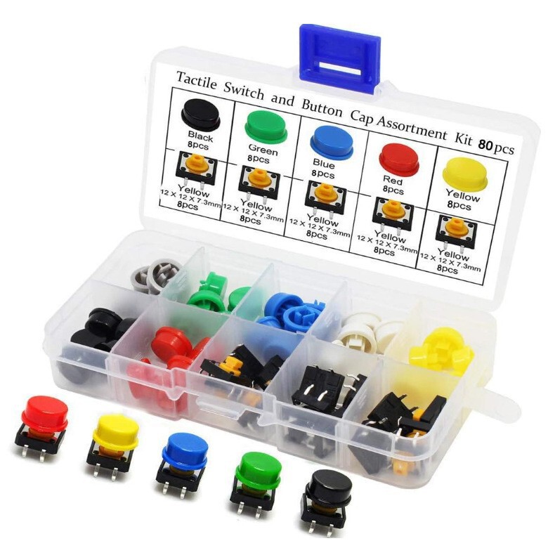 Momentary button switch 80pcs tactile switch button 12x 12x 7.3mm 5 color round cover without lock
