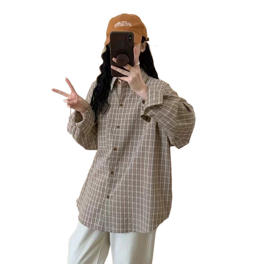 (2개) 느슨한 격자 무늬 긴팔 셔츠 가을 유행 우아한 옷깃 여성을위한 싱글 브레스트 캐주얼 탑
