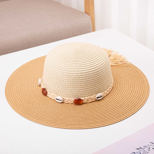 French Retro Gemstone Chain Flat Top Straw Hat Elegant Straw Weave Sunshade Sun Protection Wide Brim Hat Elegant Formal Hat for Women Spring Autumn