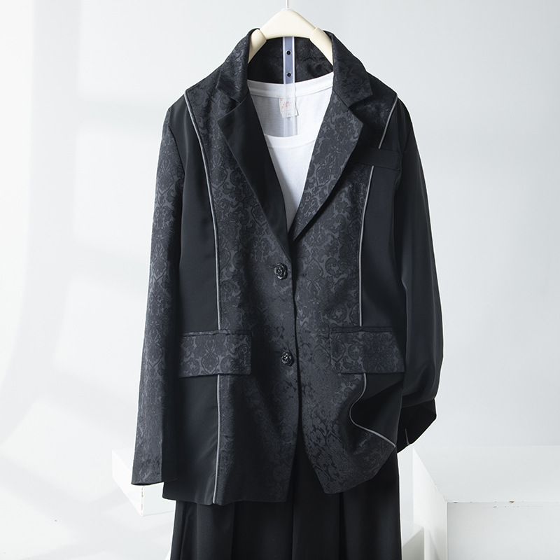 5123法式氣質浮雕提花單排扣拼接設計黑色修身顯瘦西裝外套B14112