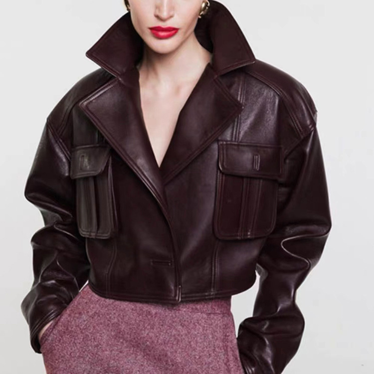 Genuine Leather Jacket Hn5215 Retro European and American Style Sheepskin Wide Lapel Versatile Biker Jacket for Women