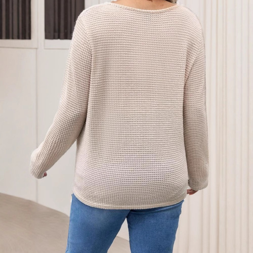 Western and Eastern winter honeycomb pure color V-neck long-sleeved loose casual base knit top