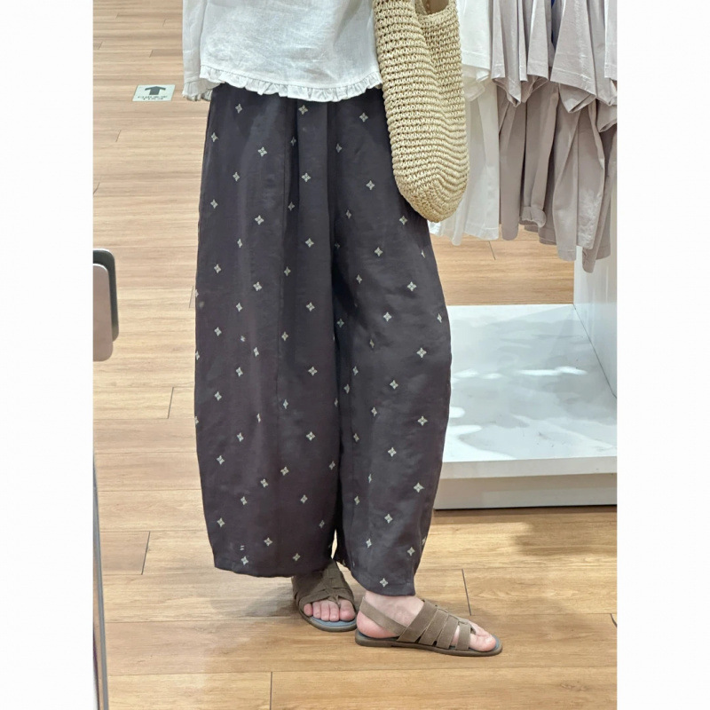 Linen Blend Embroidered Casual Pants High-Waisted Slimming Loose Straight Wide-Leg Pants Summer Versatile