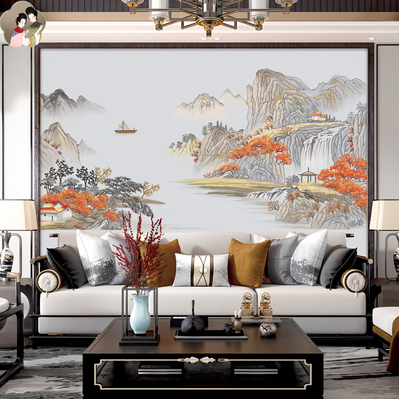 新中式墙布日康山水墙画背景墙客厅卧室无缝墙布鸿运当头壁纸壁画