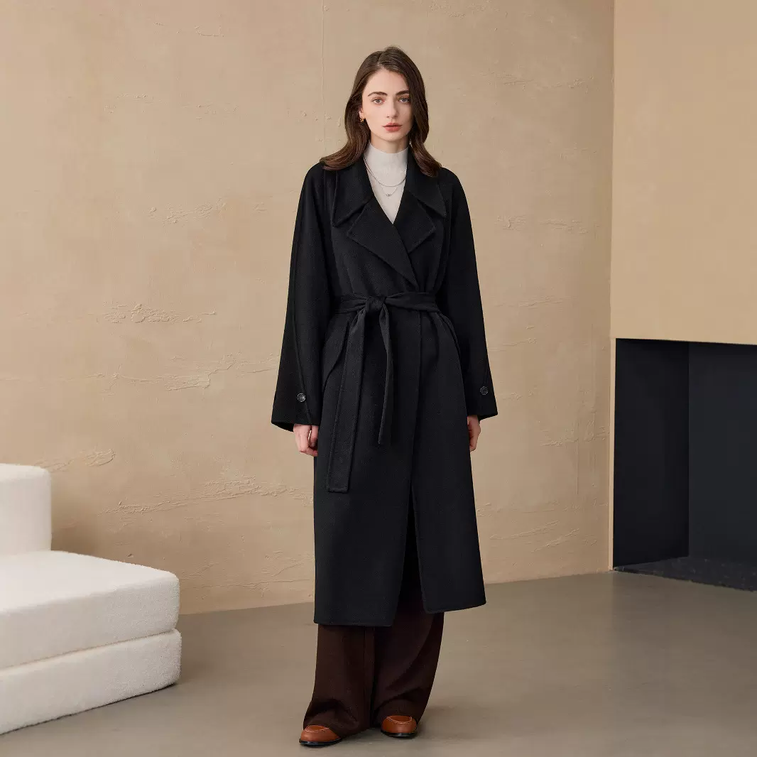 100%羊毛大衣毛呢风衣外套羊驼毛大衣双面呢系带通勤宽松呢大衣女