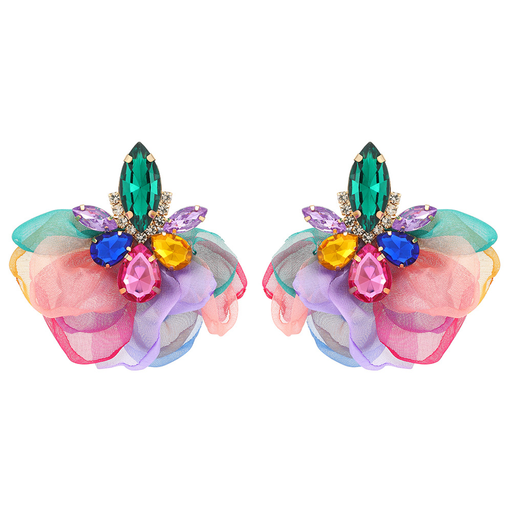 1 Pair Quantity 1 Pair Sweet Flower Cloth Rhinestone Earrings