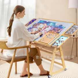 木制带滑轮绘画桌多用家用客厅卧室双层置物收纳桌可移动绘画桌