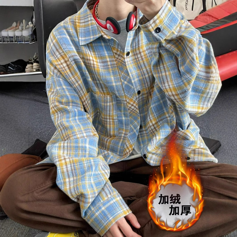 2024 Winter Amazon Independent Station Plaid Shirt Plus Velvet Warm Shirt Men's Japanese Style Long Sleeve Casual Jacket