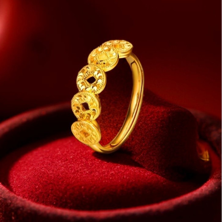 Ice-Crushed Five Emperors Coin Ring for Women, Chinese Trend Fashion Retro Cnc Adjustable Gold-Plated Ring Manufacturer Wholesale