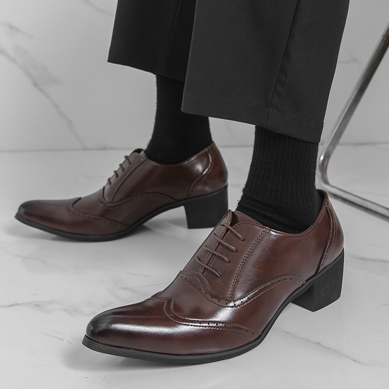 Cross-border spring lace-up high-heeled pointed leather shoes, fashionable formal height-increasing business casual shoes, large size Cuban shoes for men