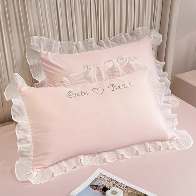 Funda de almohada de seda de hielo de verano estilo princesa, un par de fundas de almohada de encaje lavables, estilo fresco de verano 48cm x 74cm