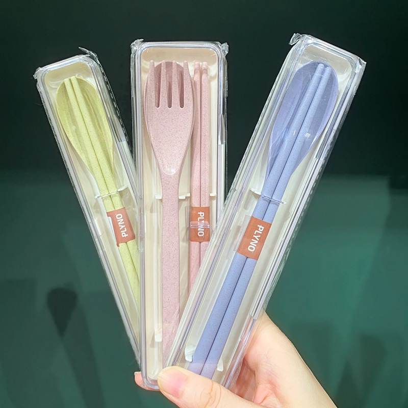 밀짚 SwanLace 선택된 고온 방지 컬러 밀 향기 박스 휴대용 스푼 포크 젓가락 식기 세트