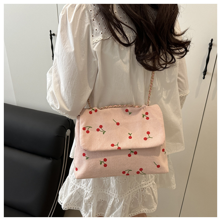 270g Weight Sewing Thread Fashion Element Magnetic Buckle Closure Type Single Shoulder Strap Strap Type Canvas Bag Bags Type Daily Occasion Canvas Material Cherry Pattern All Seasons Season Women's Gender Cute Style Square Shape Women's Canvas Cherry Cute Sewing Thread Square Magnetic Buckle Canvas Bag 7