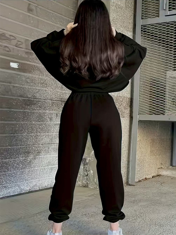 跨境现货圆领加绒大卫衣套装女秋冬季时尚休闲阔腿卫裤刺绣两件套|undefined