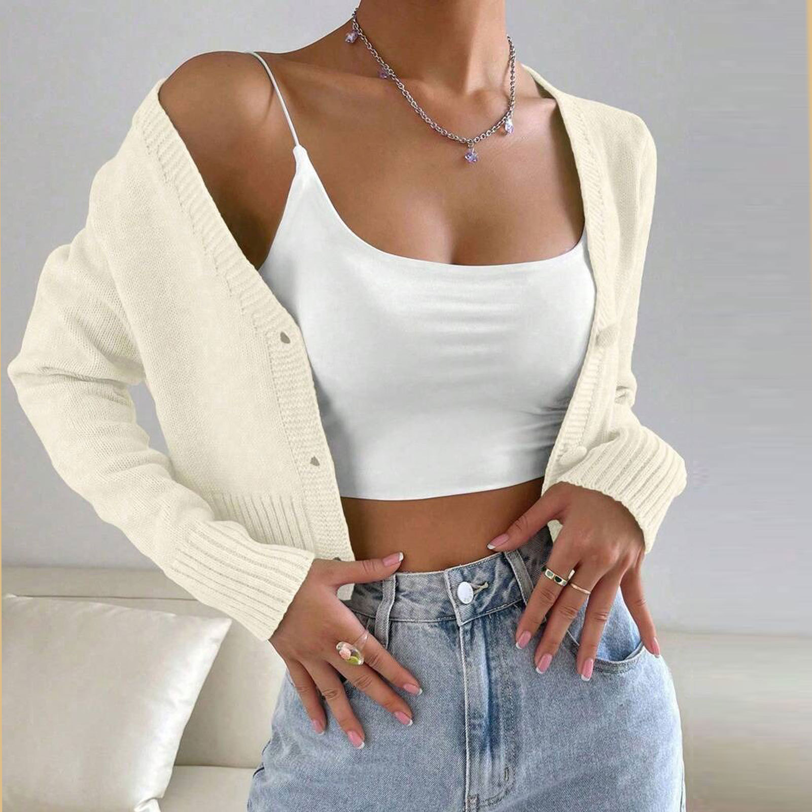 Amazon Fashion Knitted Cardigan Women's Spring and Autumn New Round Neck Slim Short Solid Color Sweater Jacket