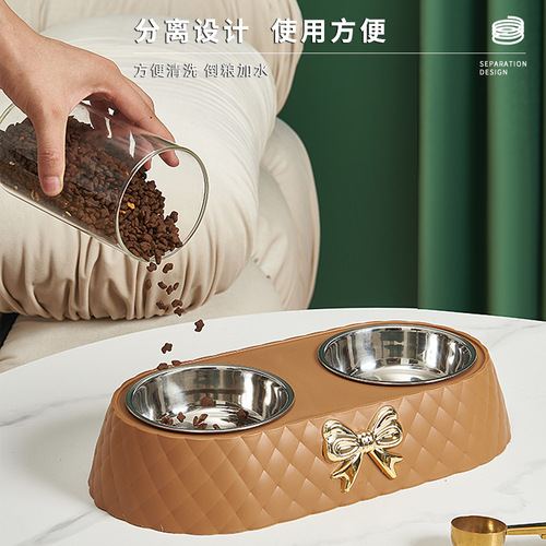 Pet Supplies Amazon New Bow Pet Double Bowl Stainless Steel Dog Bowl Drinking Water Feeding Cat Bowl Wholesale