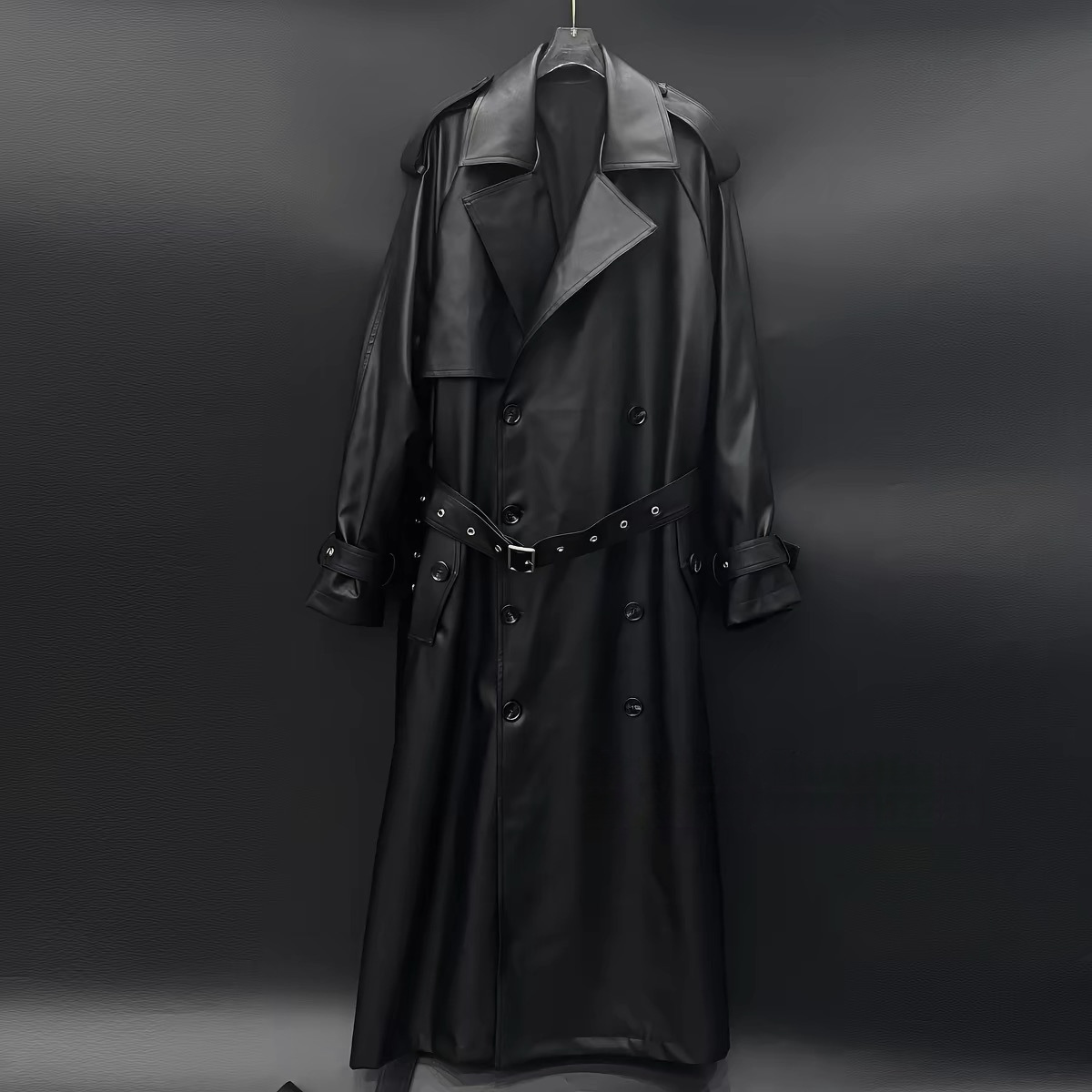 2026 Autumn New Collection: High-end Black PU Leather Trench Coat for Women, Long Double-Breasted Design with Waist Cinching and Tie Detail