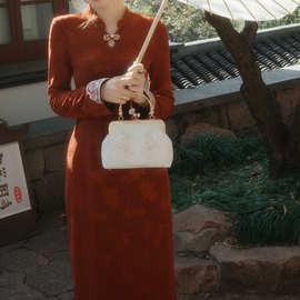 新中式国风马上来财复古旗袍裙子女冬红色连衣裙新年战袍连衣裙潮