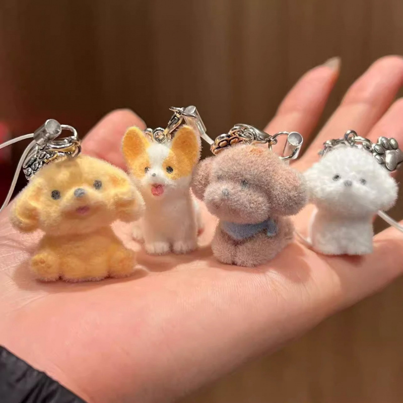Cute Stereo Flocking Resin Dog Pendant Mini Doll Mobile Phone Pendant DIY Keychain Jewelry Accessories