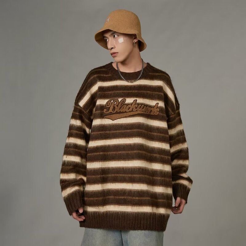 American retro striped sweater for boys spring and autumn lazy loose high-grade round neck long sleeve sweater trendy ins American retro striped sweater for boys spring and autumn lazy loose high-grade round neck long sleeve sweater trendy ins