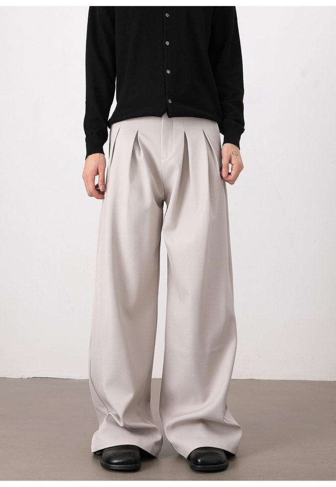 Quần tây nam casual dáng rộng ống suông xếp ly đôi chữ A vải rủ — Màu xám nhạt, màu đen chi tiết 12