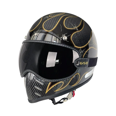 Motosiklet kaskı (dəbilqə) — Export Carbon Fiber Retro Motorcycle Helmet - 3k-gold-flame-black-tea-mirror-m55-56