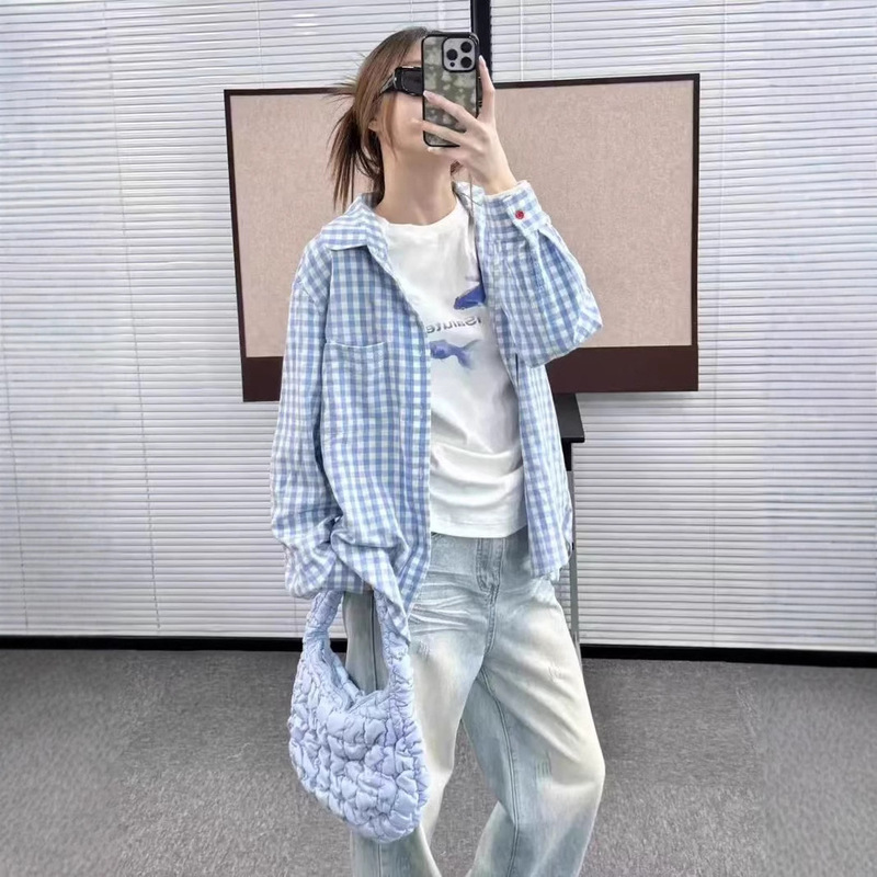 Japanese Style Sweet Cream Blue and White Plaid Shirt Women's Spring New Pleated Design Sense Outer Wear Shirt Coat Top