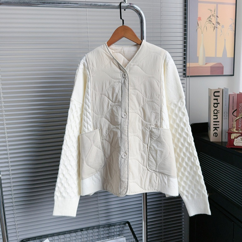 韩国东大门2025秋冬季复古重工棉服拼接针织开衫女设计感毛衣外套