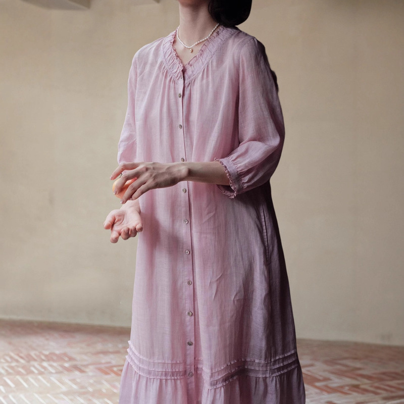 Japanese Style Style Two-Color Ramie Dress Women's Summer Long Skirt 7-Quarter Sleeve V Neck Relaxed Holiday Style Skirt C0718