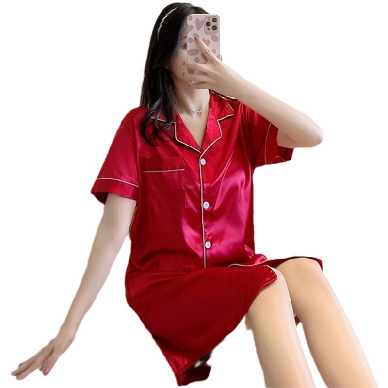 Pijama de dama pijama de seda primavera y verano hielo delgado cardigan de seda simulada sexy vestido de mangas cortas