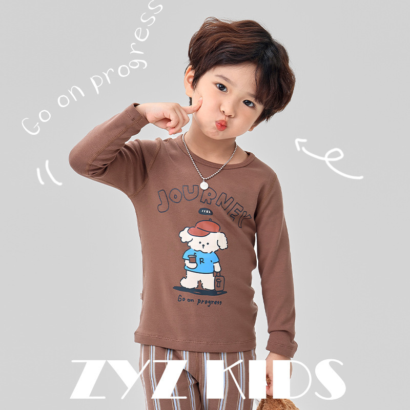 ZYZ 어린이 가을 옷과 바지 세트 곰 줄무늬 두꺼운 따뜻한 파자마 울 풀 랙 클래스 어린이 홈 옷